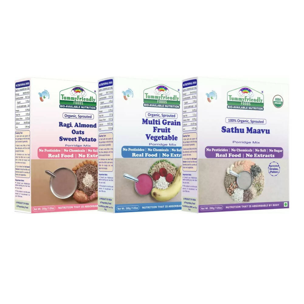 TummyFriendly Foods Certified Organic Multi-Grain, Sprouted Ragi, Oats, Red Lentil, Banana and Sathu Maavu Porridge Mixes Combo - Distacart