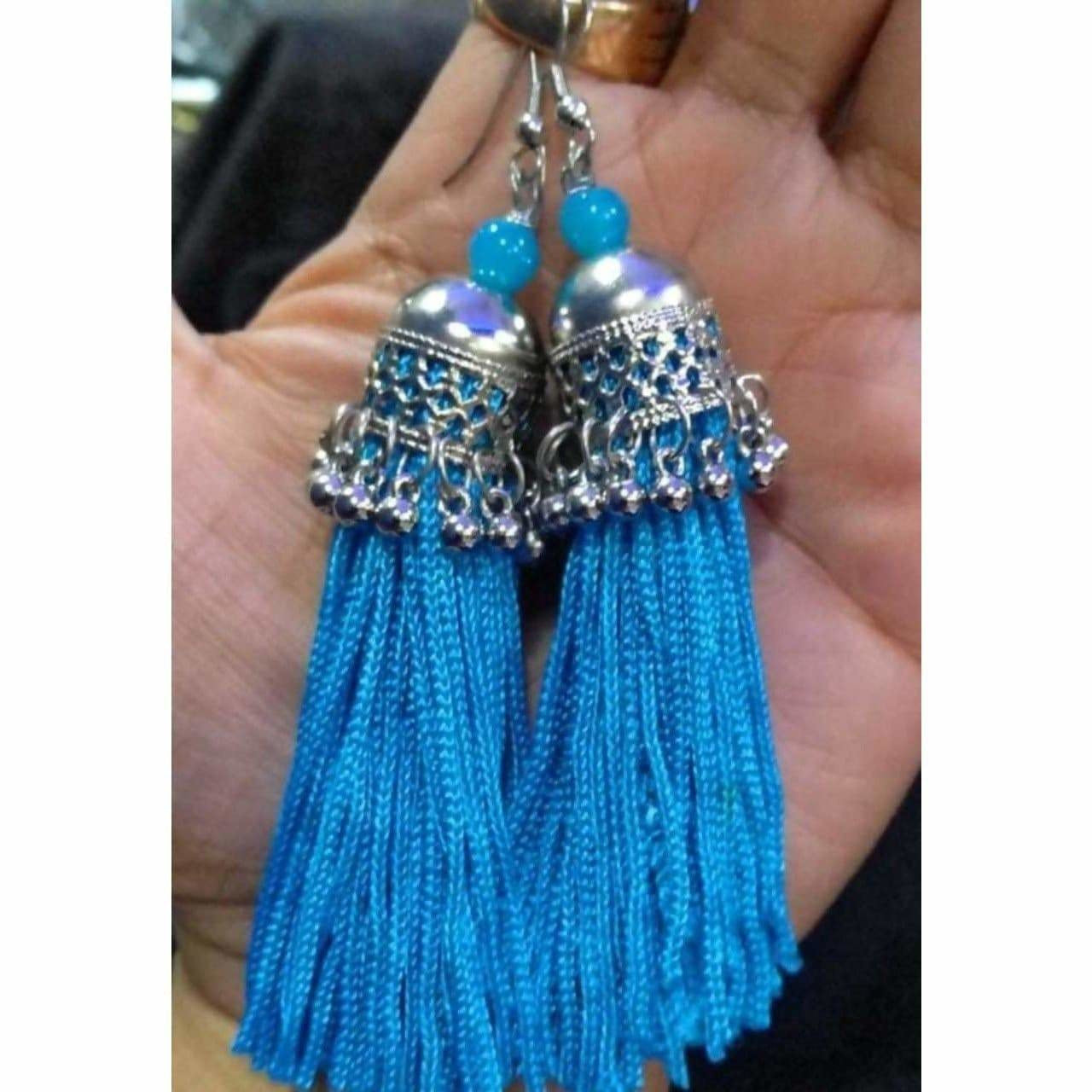 Latest Fashion Blue Hanging Threads In Jhumka Earrings