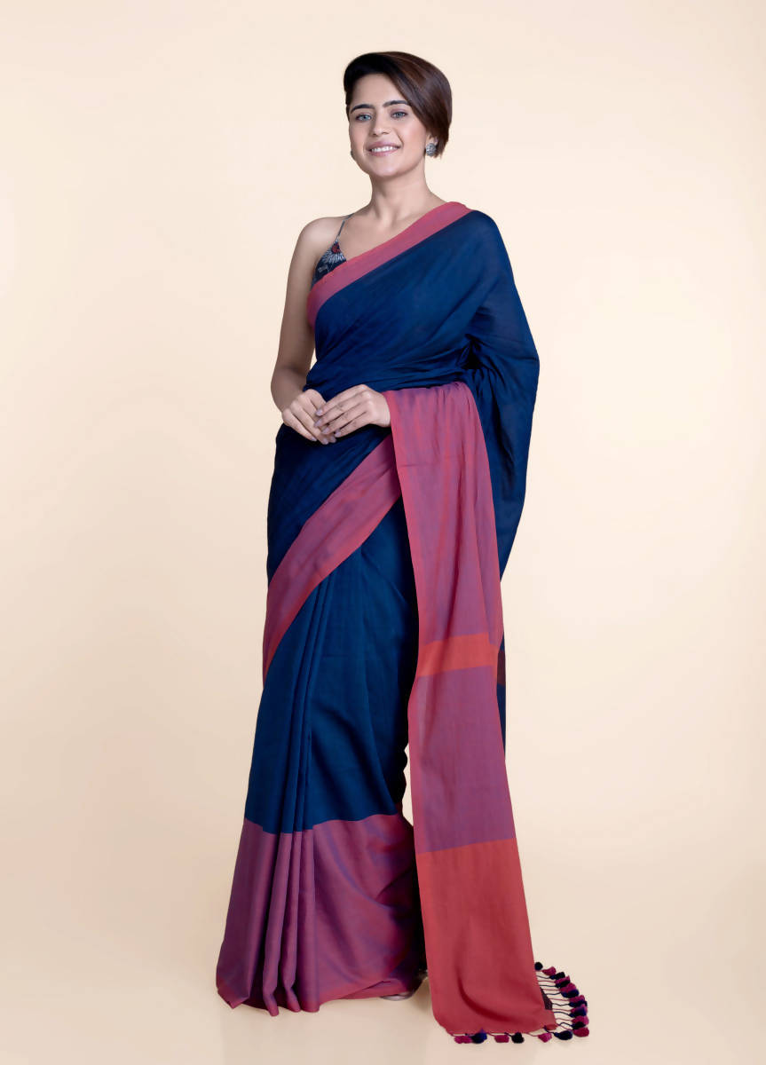 Suta Navy Blue Pink Colourblocked Mul Saree - Distacart