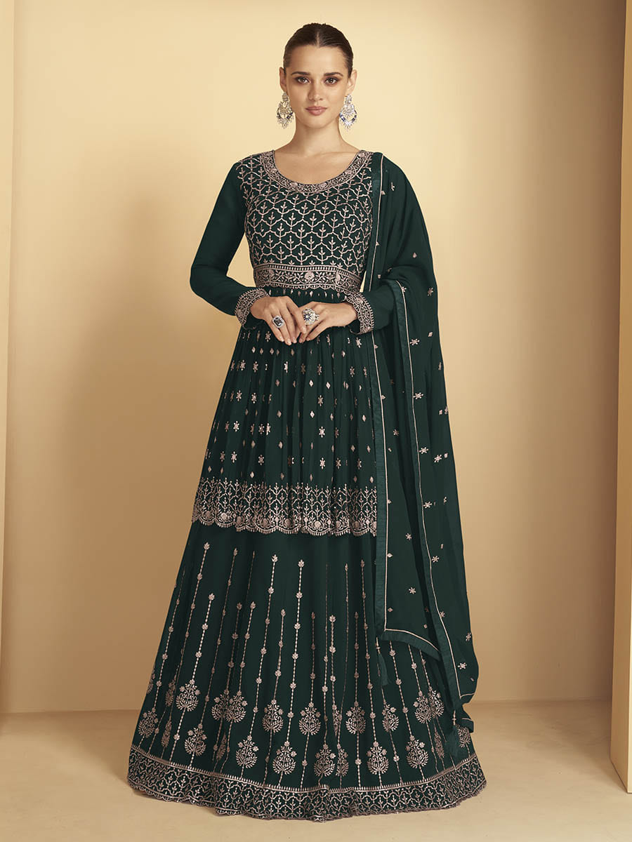 Myra Dark Green Georgette Embroidered Sharara Suit - Distacart