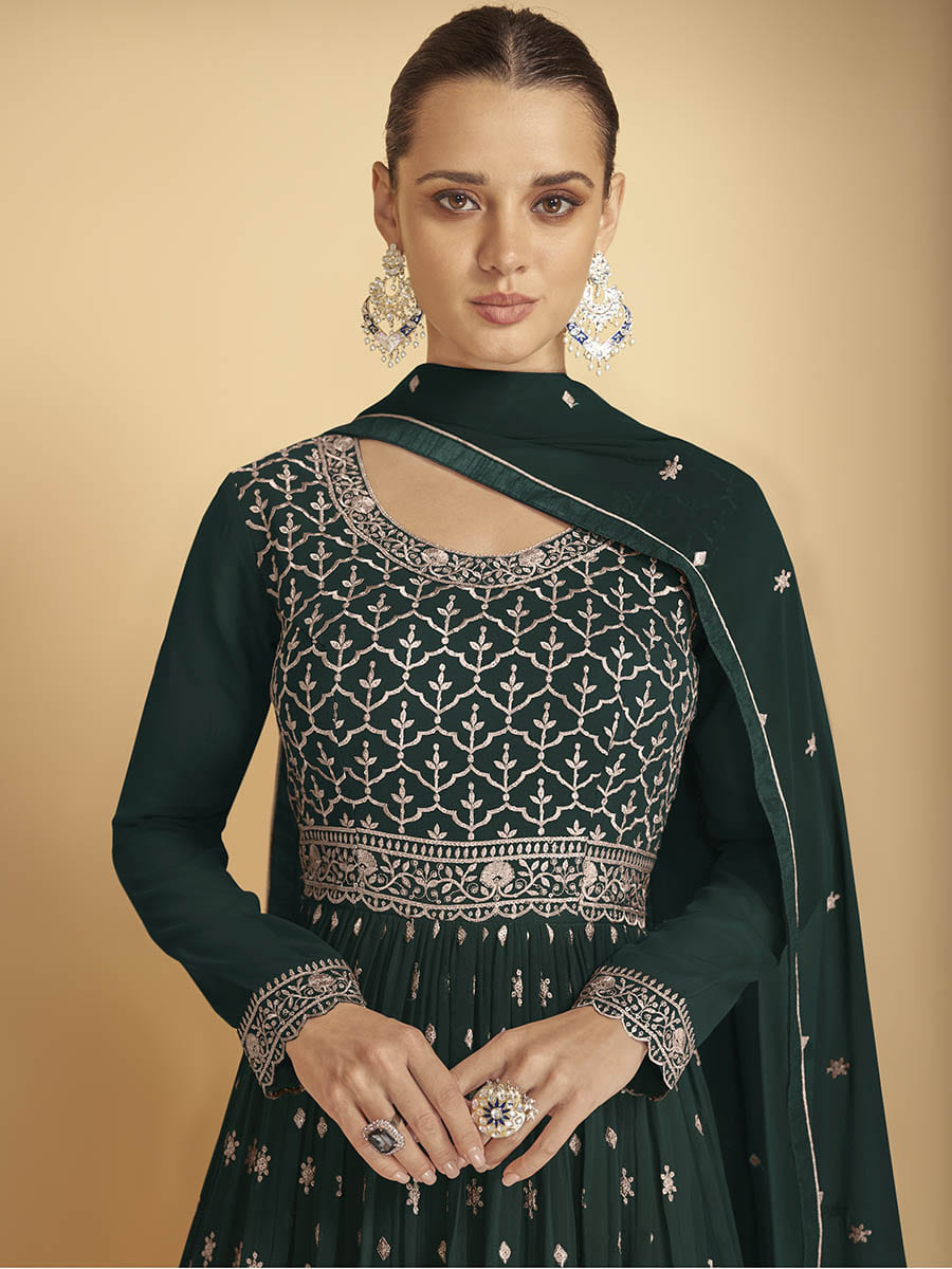 Myra Dark Green Georgette Embroidered Sharara Suit - Distacart