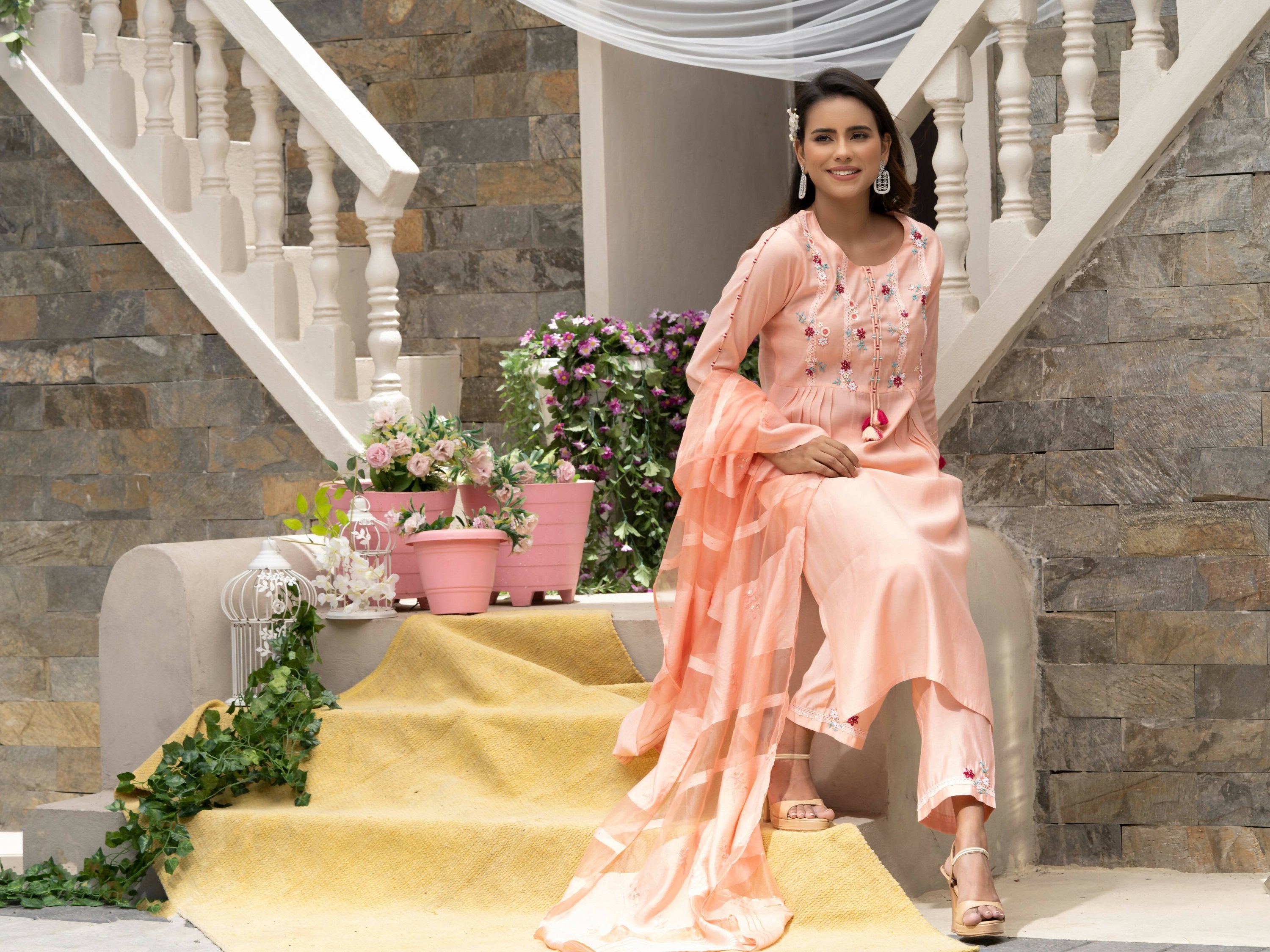 Peach Roman Silk Plain Kurta with Pant & Dupatta - Disha - Distacart