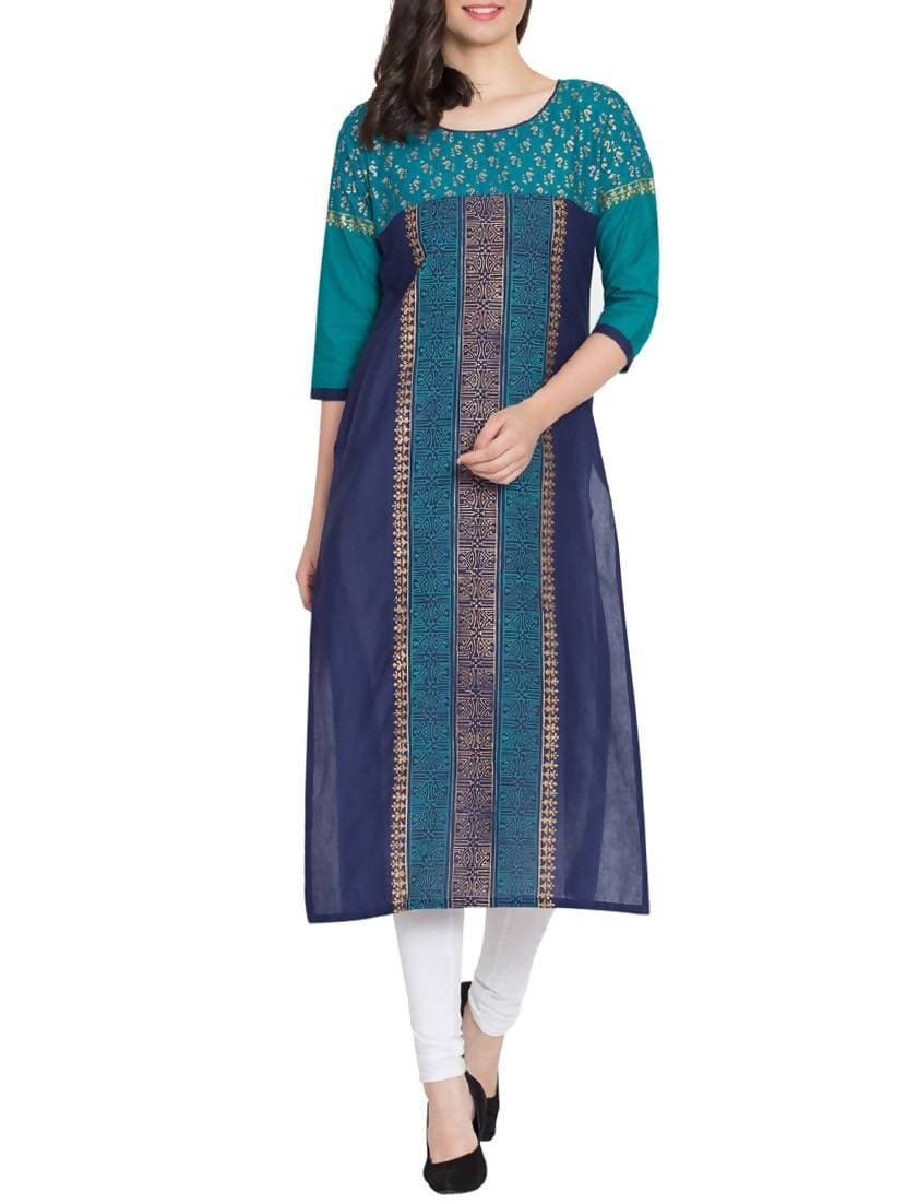 Cheera Hand Block Print Straight Kurta in Blue Color
