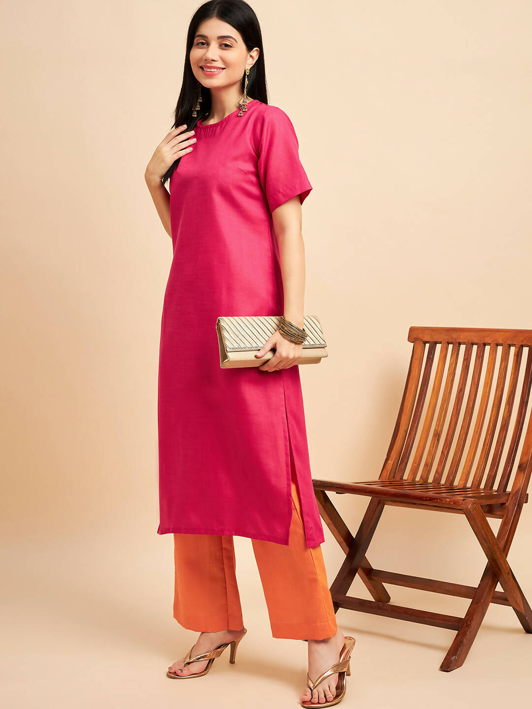 Pink Polyester solid Kurta with Palazzos - Vishwa - Distacart