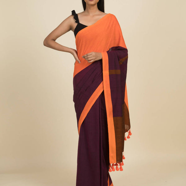 Suta Purple Orange Colourblocked Pure Cotton Saree - Distacart