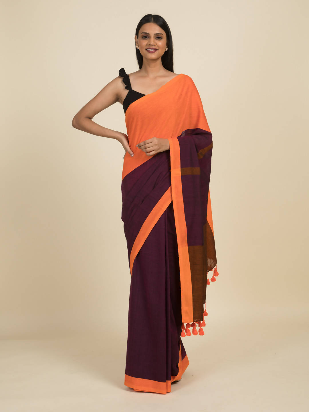 Suta Purple Orange Colourblocked Pure Cotton Saree - Distacart