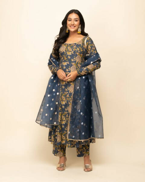FIORRA Women's Navy Blue Cotton A-Line Kurta Pant With Dupatta - Distacart