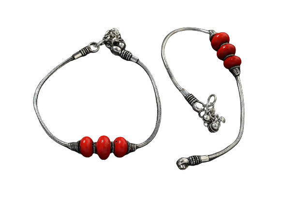 Mominos Fashion Kamal Johar Oxidised Silver With Red Beads Anklets