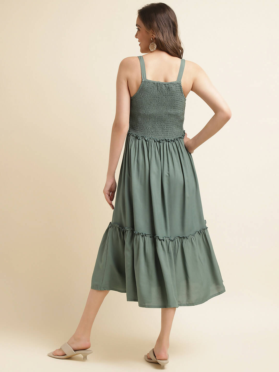 Green Cotton Solid Flared Dress with Printed Shrug - Yukti - Distacart