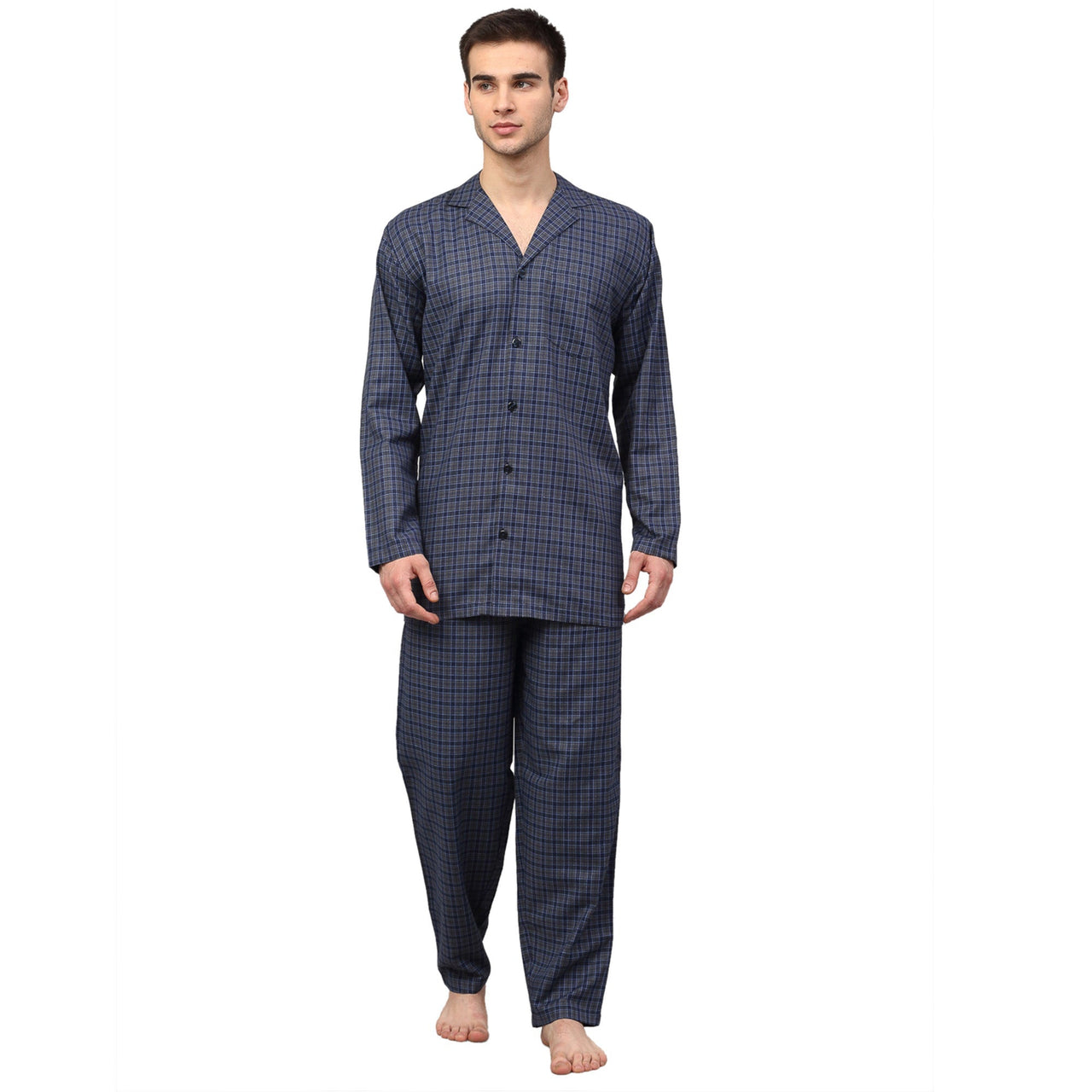 Jainish Men's Navy Blue Checked Night Suits ( GNS 001Navy-Grey ) - Distacart