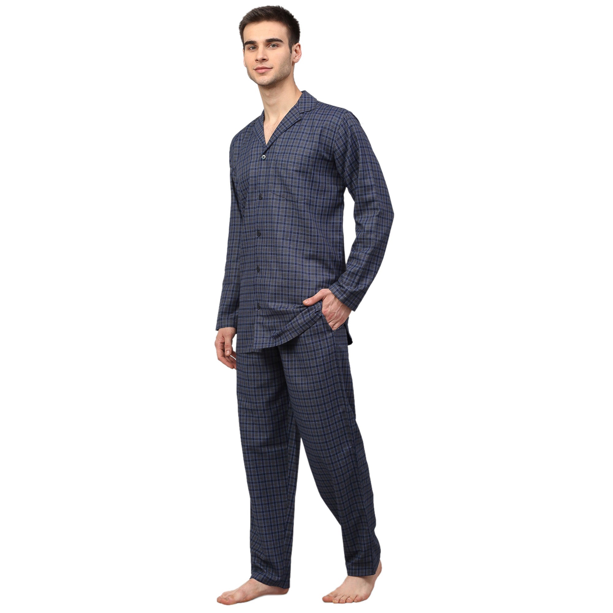 Jainish Men's Navy Blue Checked Night Suits ( GNS 001Navy-Grey ) - Distacart