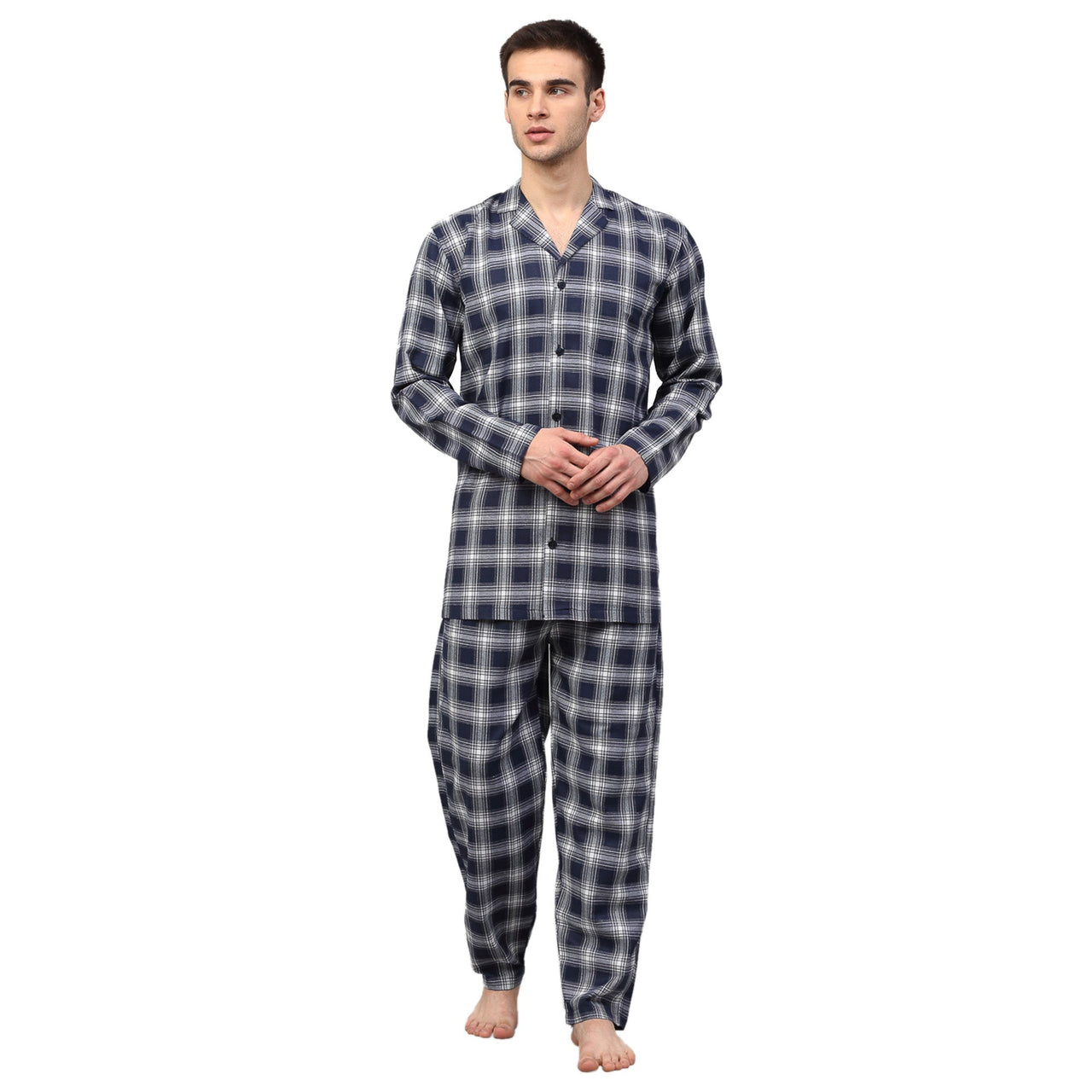 Jainish Men's Navy Blue Checked Night Suits ( GNS 001Navy-White ) - Distacart