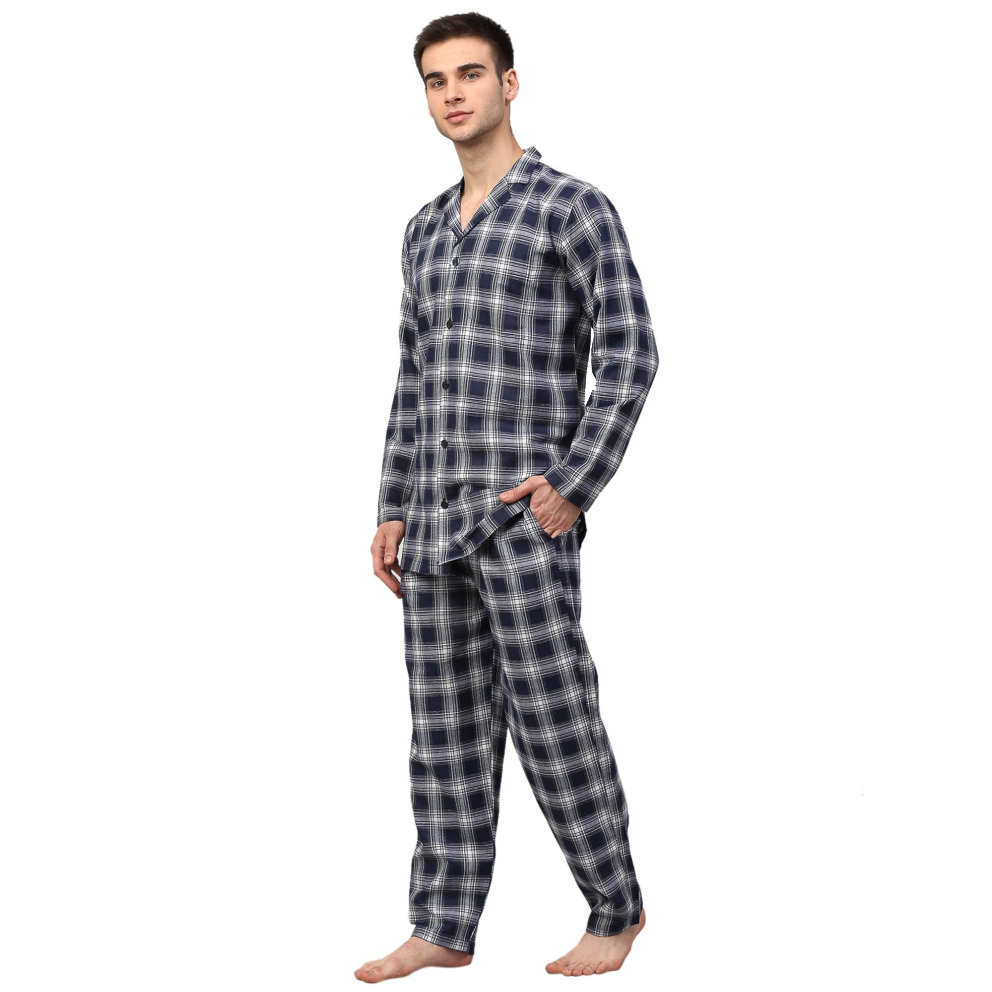 Jainish Men's Navy Blue Checked Night Suits ( GNS 001Navy-White ) - Distacart