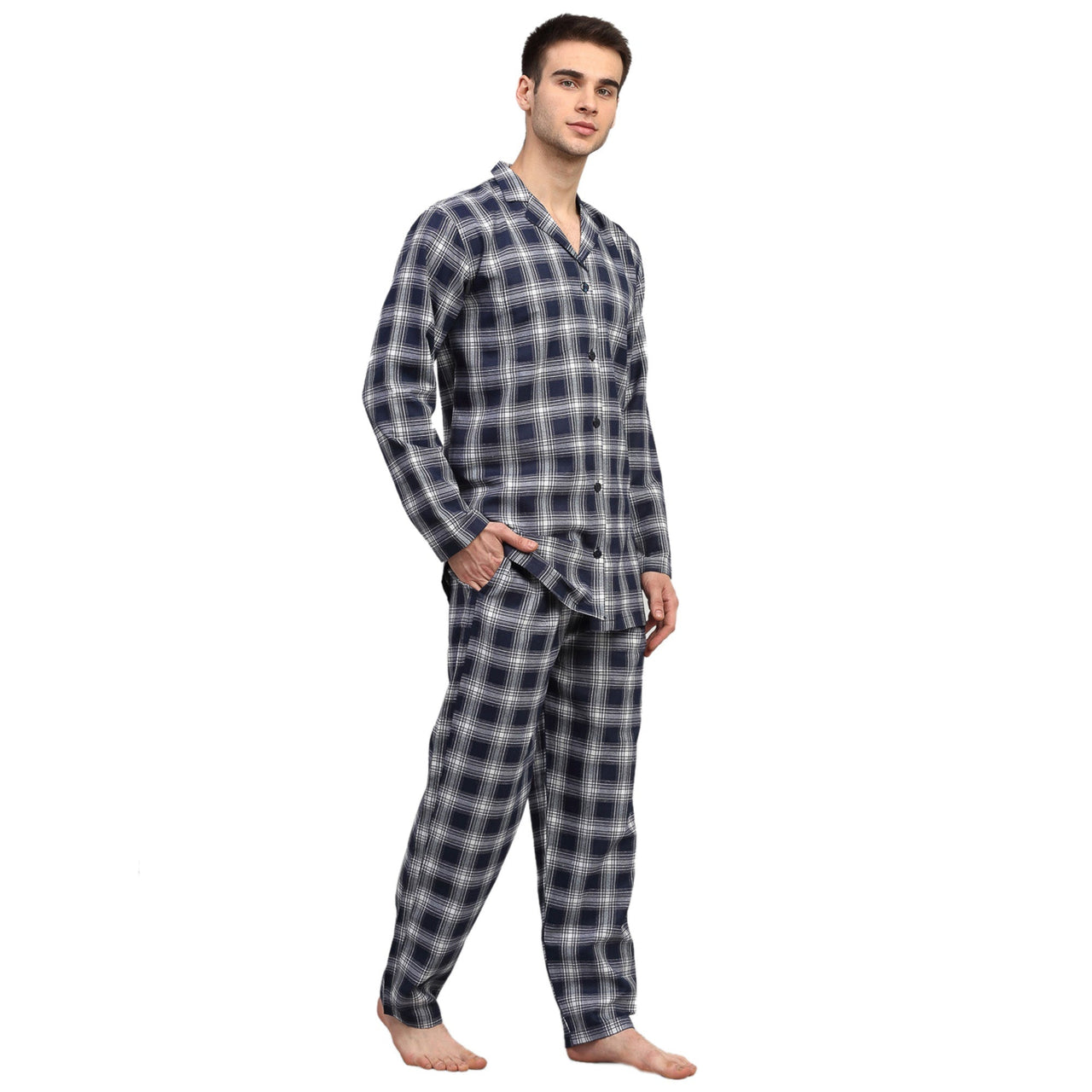 Jainish Men's Navy Blue Checked Night Suits ( GNS 001Navy-White ) - Distacart