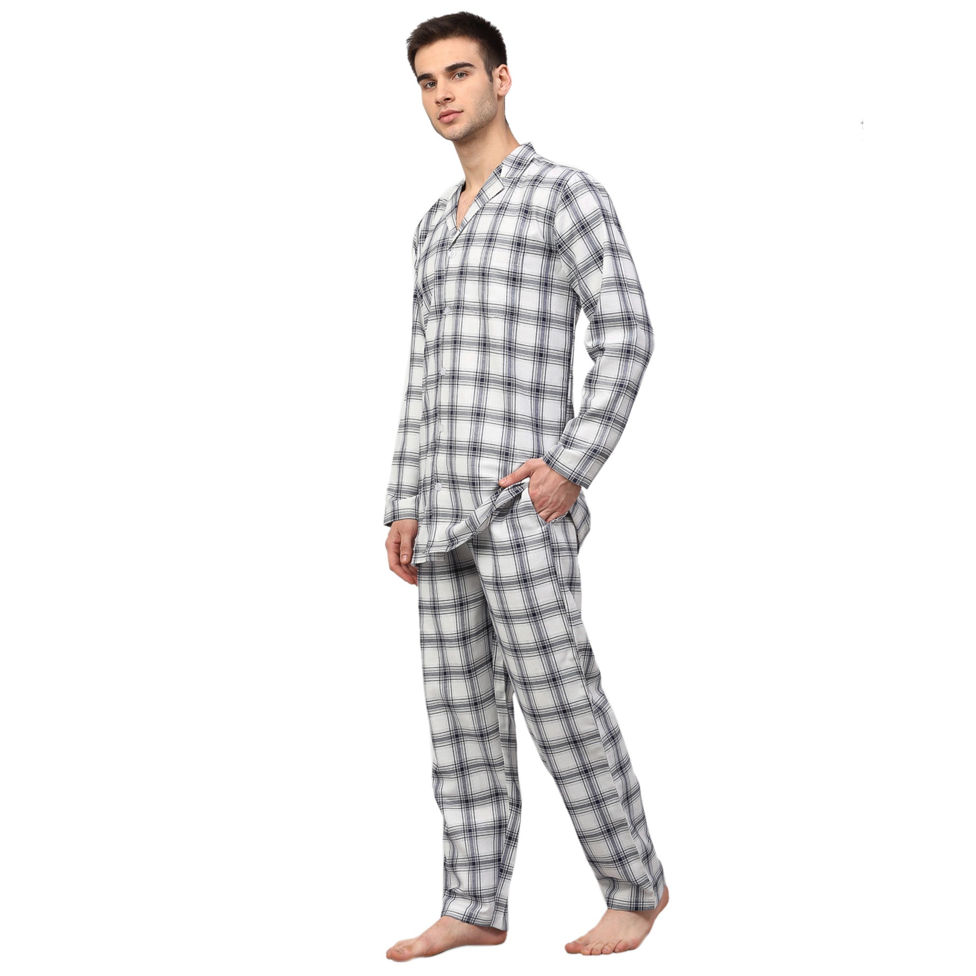 Jainish Men's White Checked Night Suits ( GNS 001White ) - Distacart