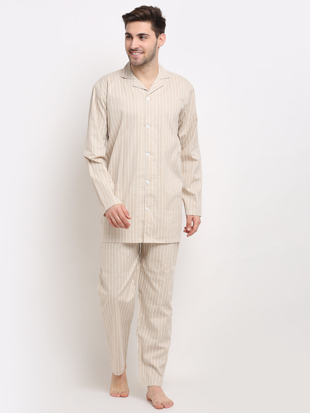 Jainish Men's Cream Cotton Striped Night Suits ( GNS 002Cream ) - Distacart