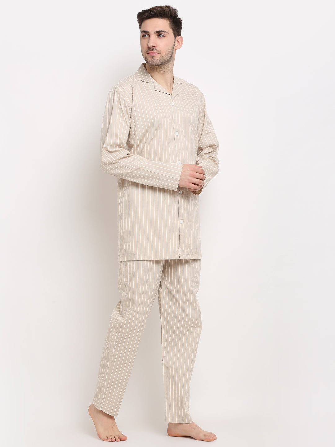Jainish Men's Cream Cotton Striped Night Suits ( GNS 002Cream ) - Distacart