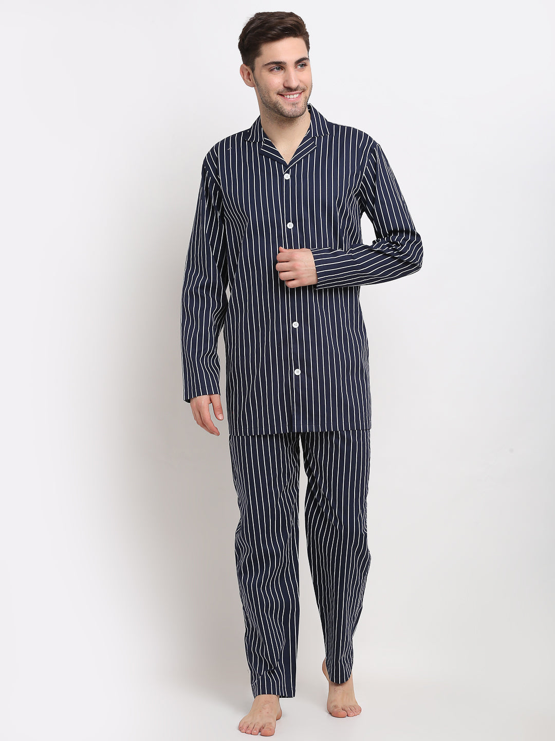 Jainish Men's Navy Cotton Striped Night Suits ( GNS 002Navy ) - Distacart