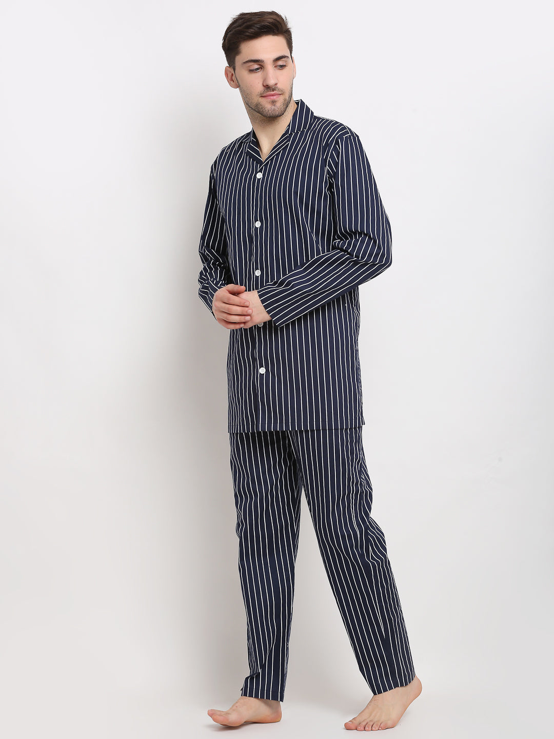 Jainish Men's Navy Cotton Striped Night Suits ( GNS 002Navy ) - Distacart