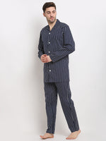 Thumbnail for Jainish Men's Navy Cotton Striped Night Suits ( GNS 002Navy ) - Distacart