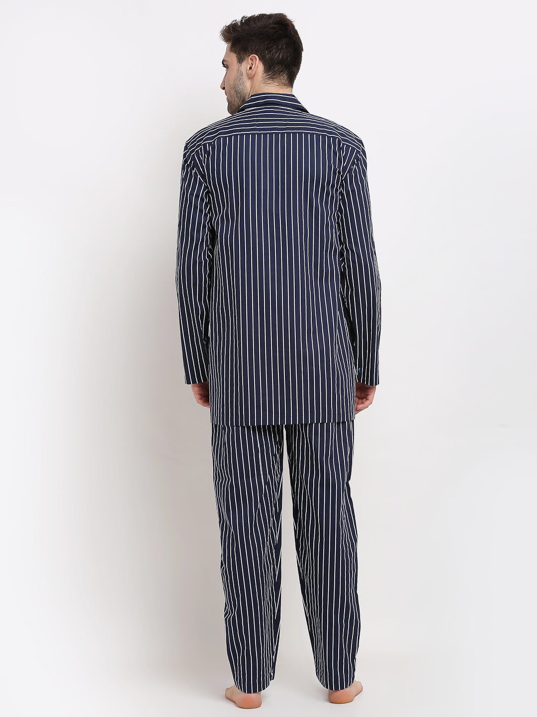 Jainish Men's Navy Cotton Striped Night Suits ( GNS 002Navy ) - Distacart