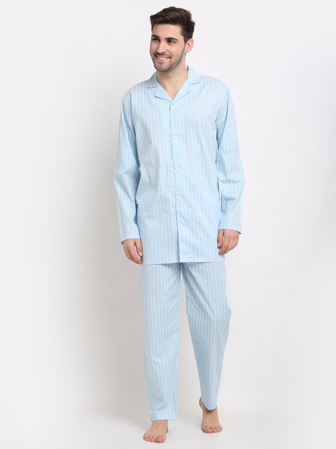 Jainish Men's Sky Cotton Striped Night Suits ( GNS 002Sky ) - Distacart