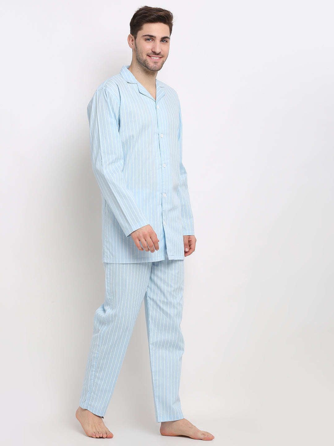 Jainish Men's Sky Cotton Striped Night Suits ( GNS 002Sky ) - Distacart