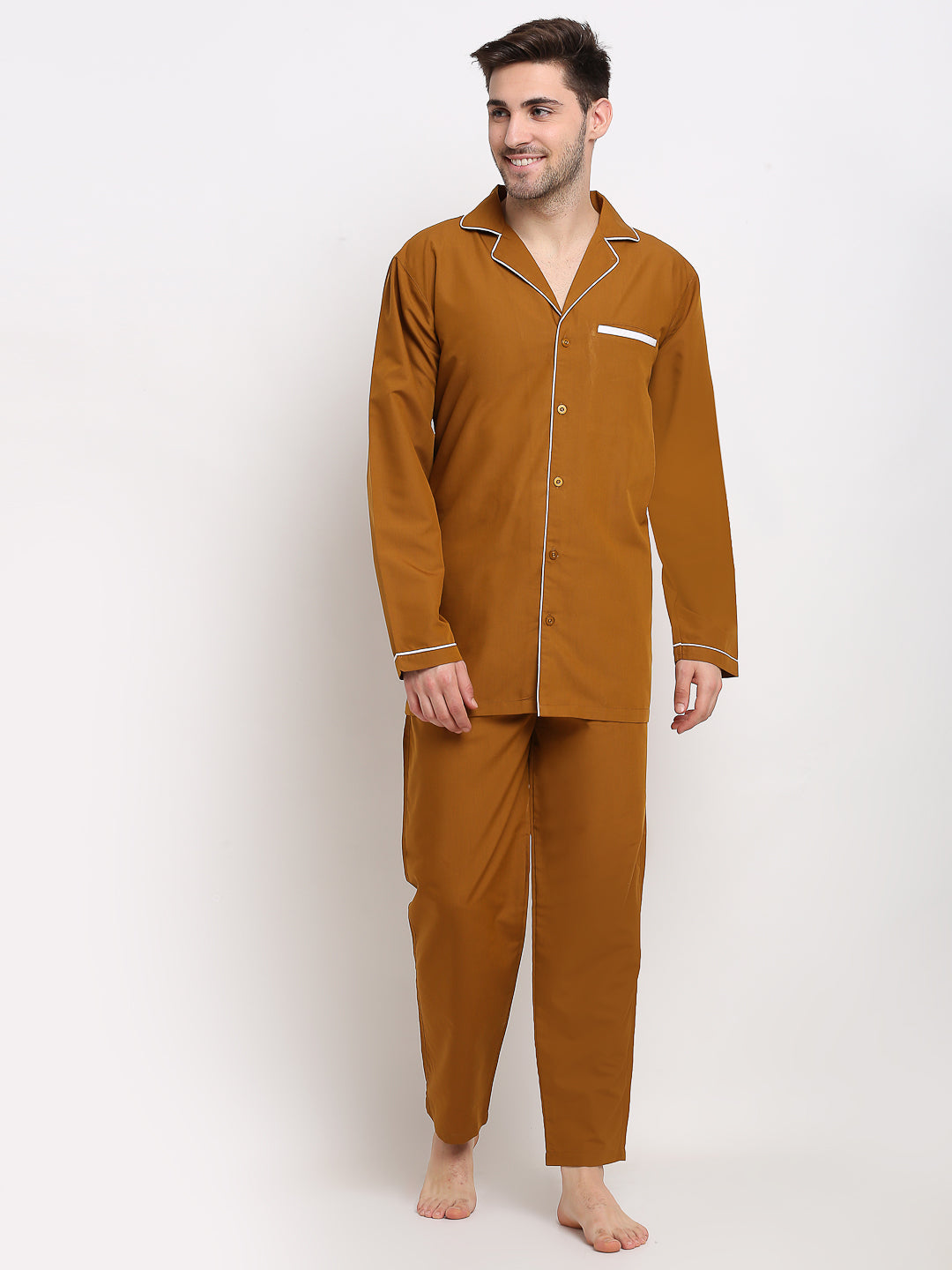 Jainish Men's Mustard Cotton Solid Night Suits ( GNS 003Mustard ) - Distacart