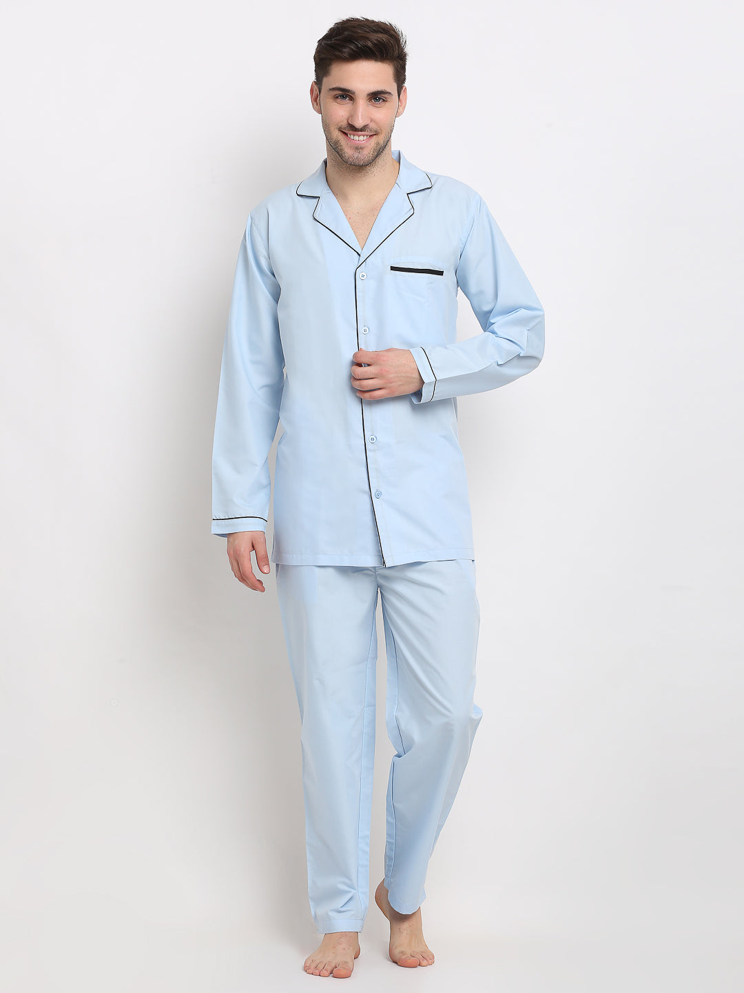 Jainish Men's Sky Cotton Solid Night Suits ( GNS 003Sky ) - Distacart