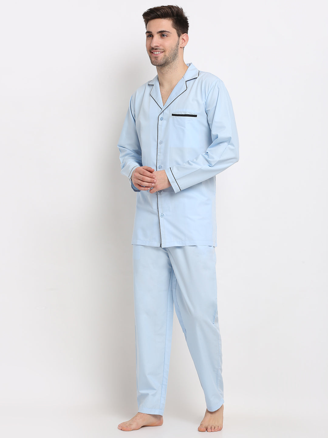 Jainish Men's Sky Cotton Solid Night Suits ( GNS 003Sky ) - Distacart
