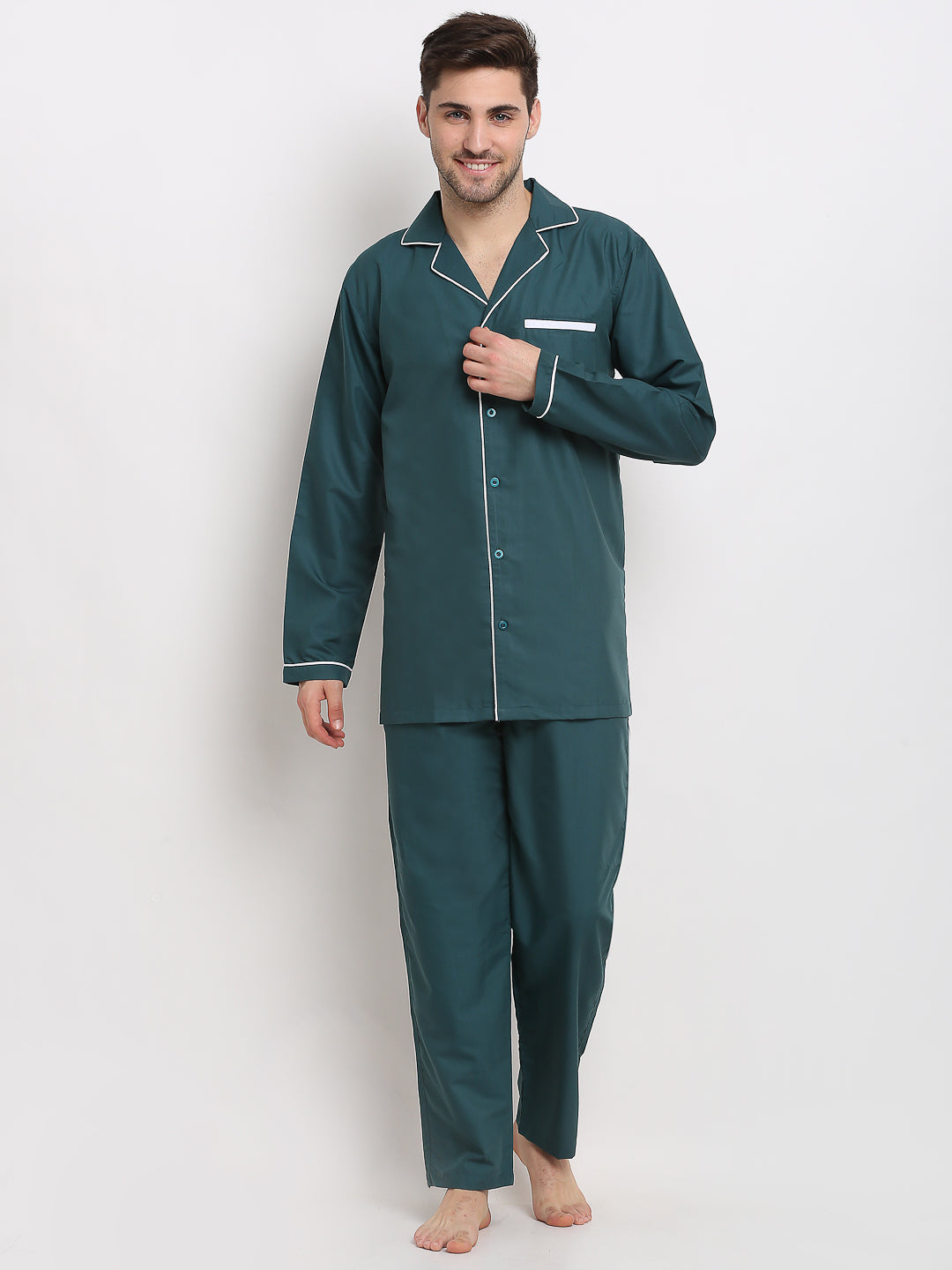 Jainish Men's Teal Cotton Solid Night Suits ( GNS 003Teal ) - Distacart