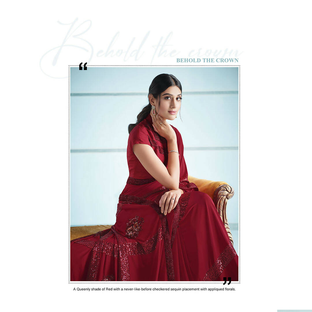 Red Lycra Sequence Embroidery Saree with Unstitched Blouse Piece - Norita Elaura - Distacart