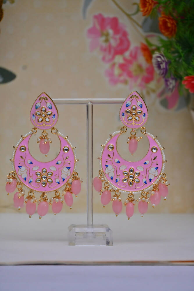Gold Plated Brass & Pearl Dangle Women Baby Pink Hand Painted Meenakari Chandbali Earrings By House of Ree - Distacart