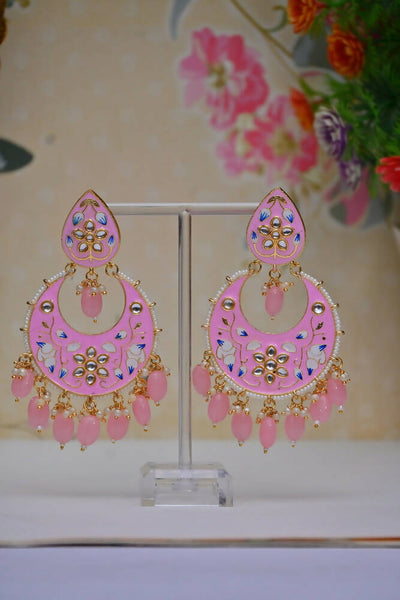 Gold Plated Brass & Pearl Dangle Women Baby Pink Hand Painted Meenakari Chandbali Earrings By House of Ree - Distacart