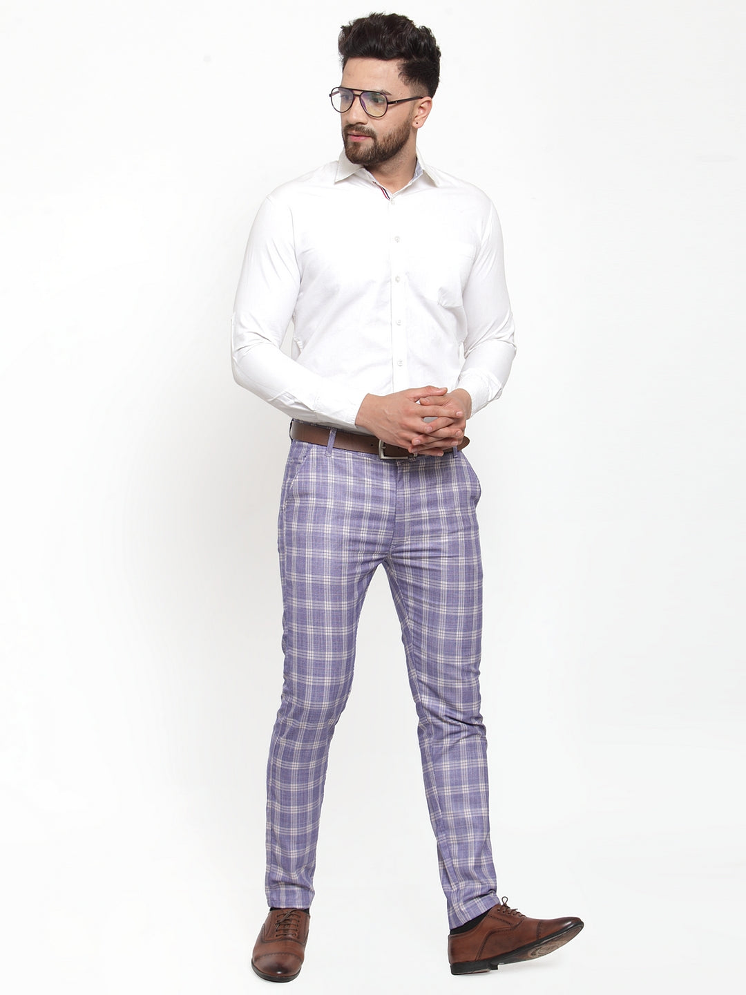 Jainish Men's Blue Checked Formal Trousers ( GP 254Light-Blue ) - Distacart