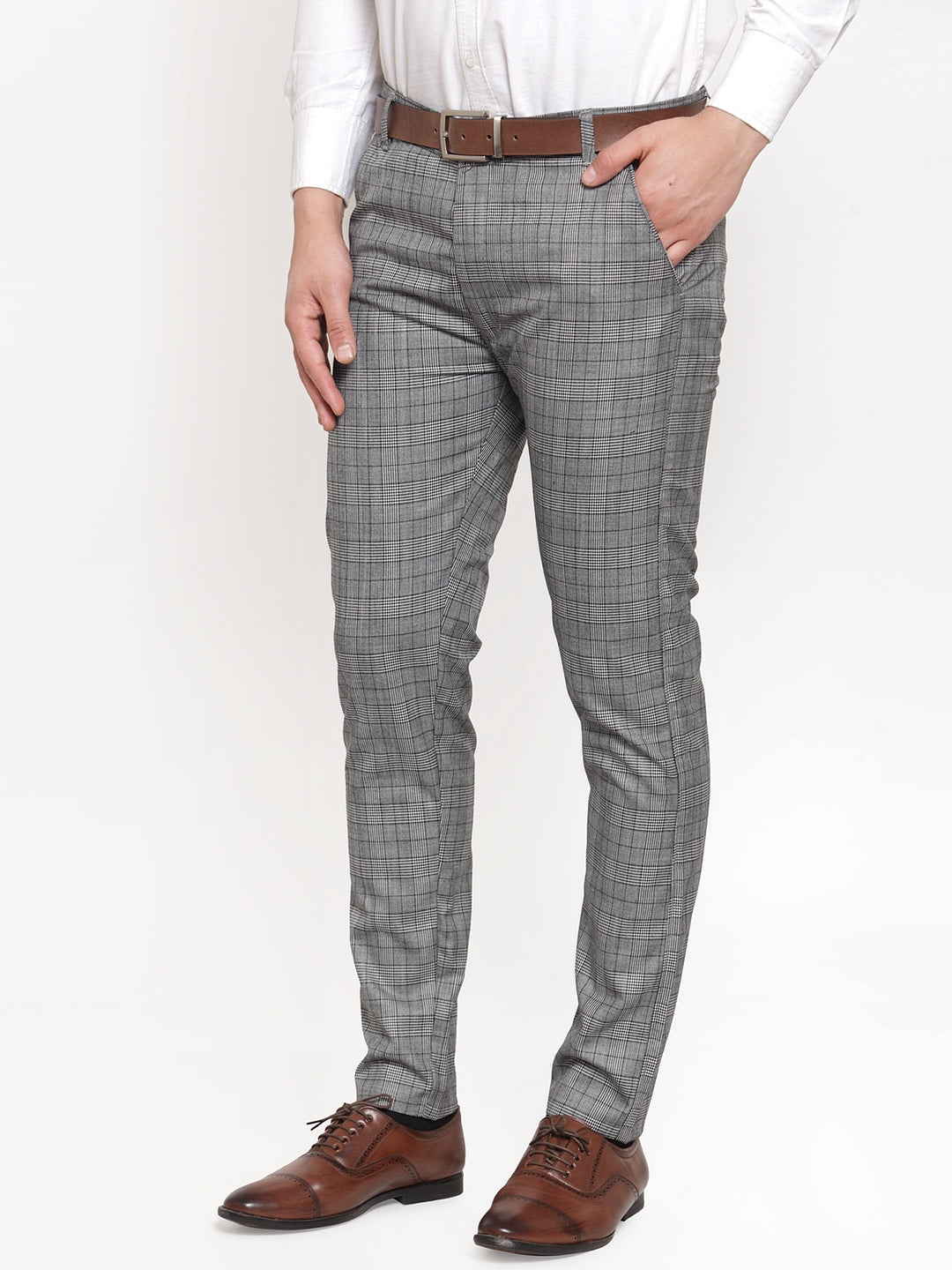 Jainish Men's Grey Checked Formal Trousers ( GP 254Light-Grey ) - Distacart