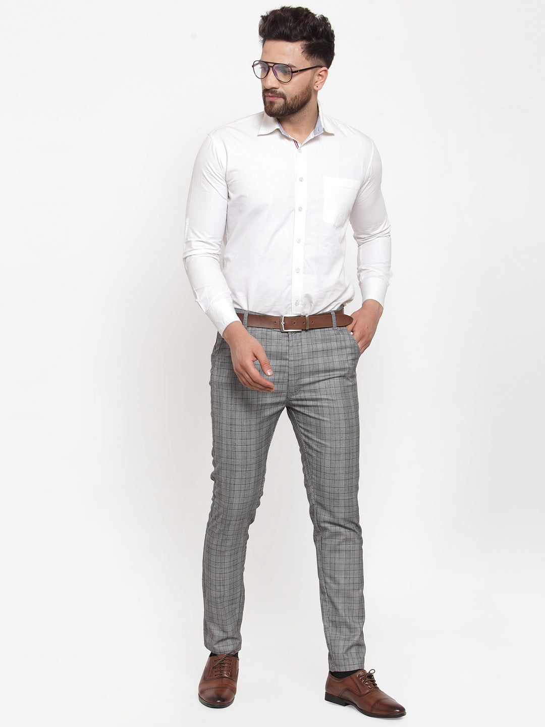 Jainish Men's Grey Checked Formal Trousers ( GP 254Light-Grey ) - Distacart