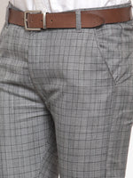 Thumbnail for Jainish Men's Grey Checked Formal Trousers ( GP 254Light-Grey ) - Distacart
