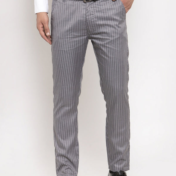 Jainish Men's Grey Cotton Striped Formal Trousers ( FGP 255Grey ) - Distacart