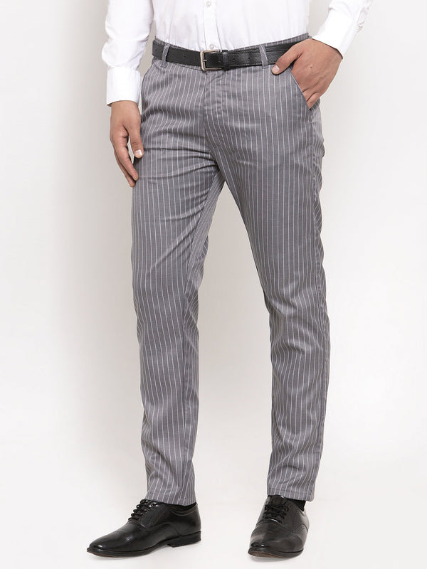 Jainish Men's Grey Cotton Striped Formal Trousers ( FGP 255Grey ) - Distacart