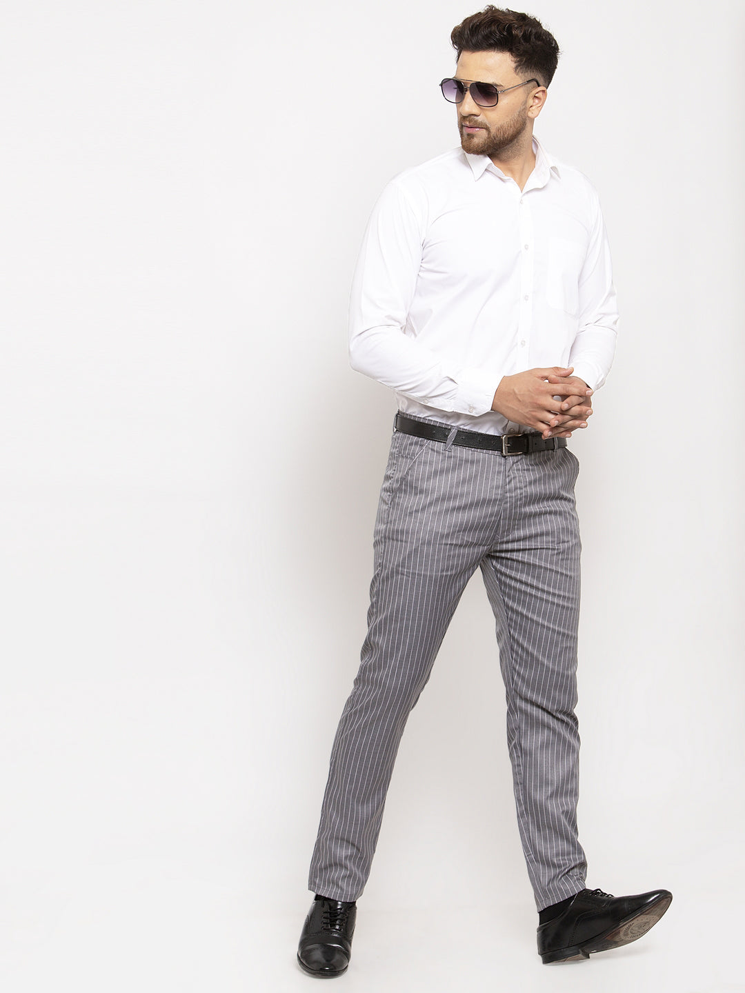 Buy SOJANYA Men Cotton Blend Gold & OffWhite Striped Formal Trousers online
