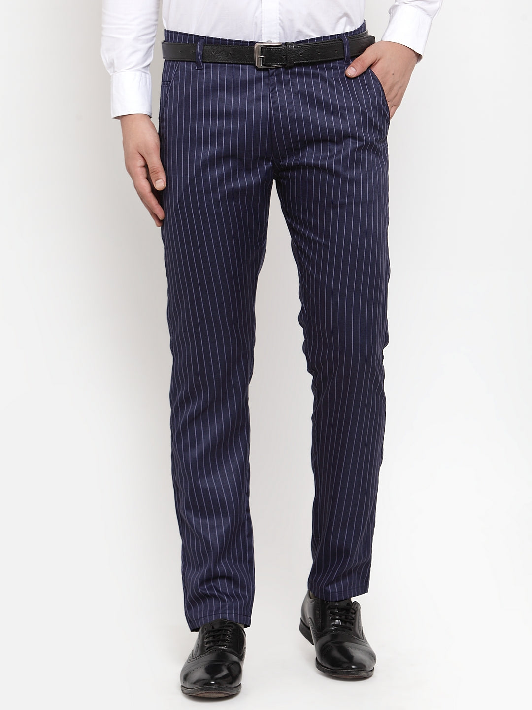 Jainish Men's Blue Cotton Striped Formal Trousers ( FGP 255Navy-Blue ) - Distacart
