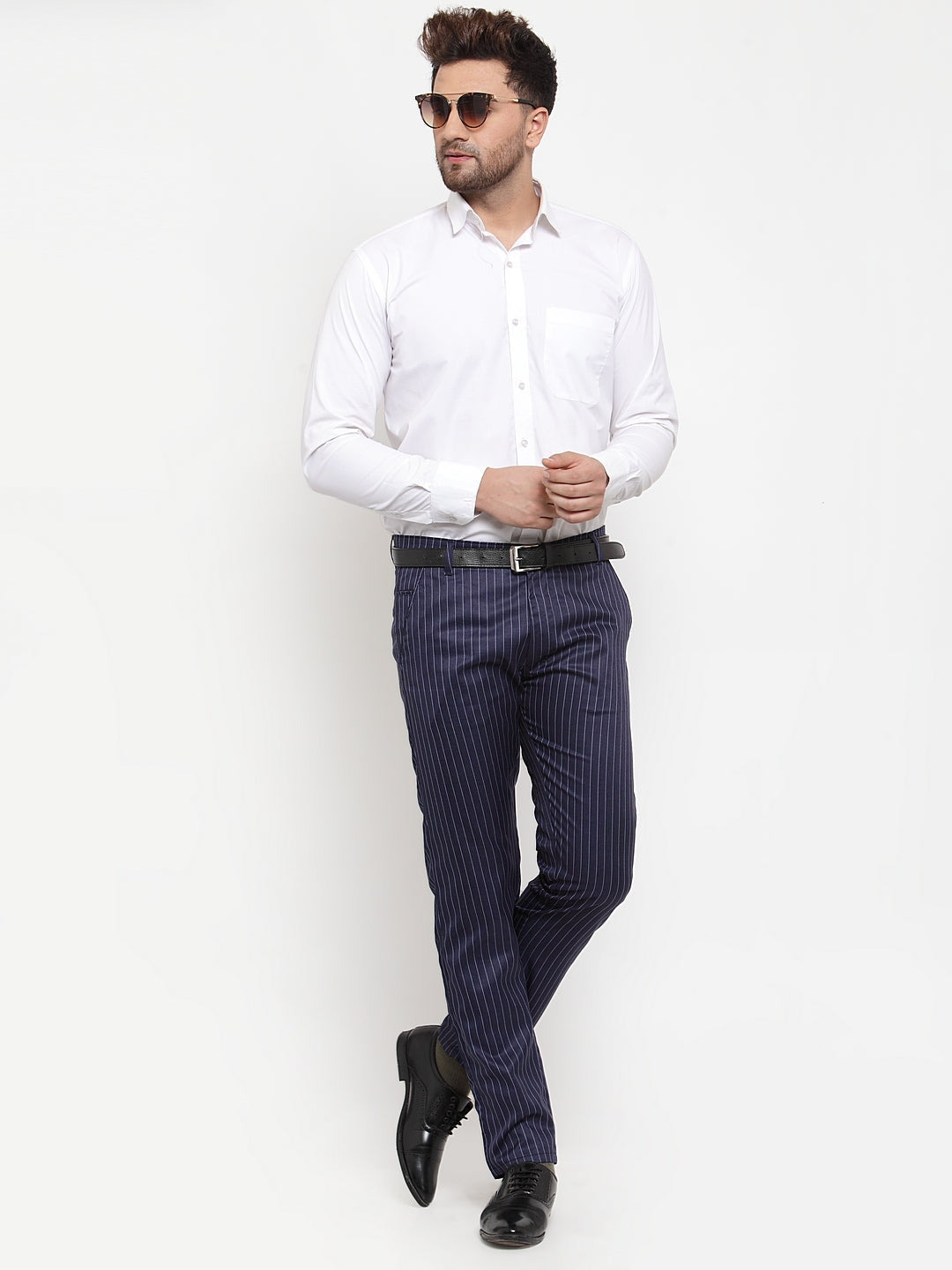 Jainish Men's Blue Cotton Striped Formal Trousers ( FGP 255Navy-Blue ) - Distacart