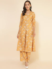Thumbnail for Janasya Women's Mustard Moss Floral Printed Casual Front Slit Co-ords - Distacart
