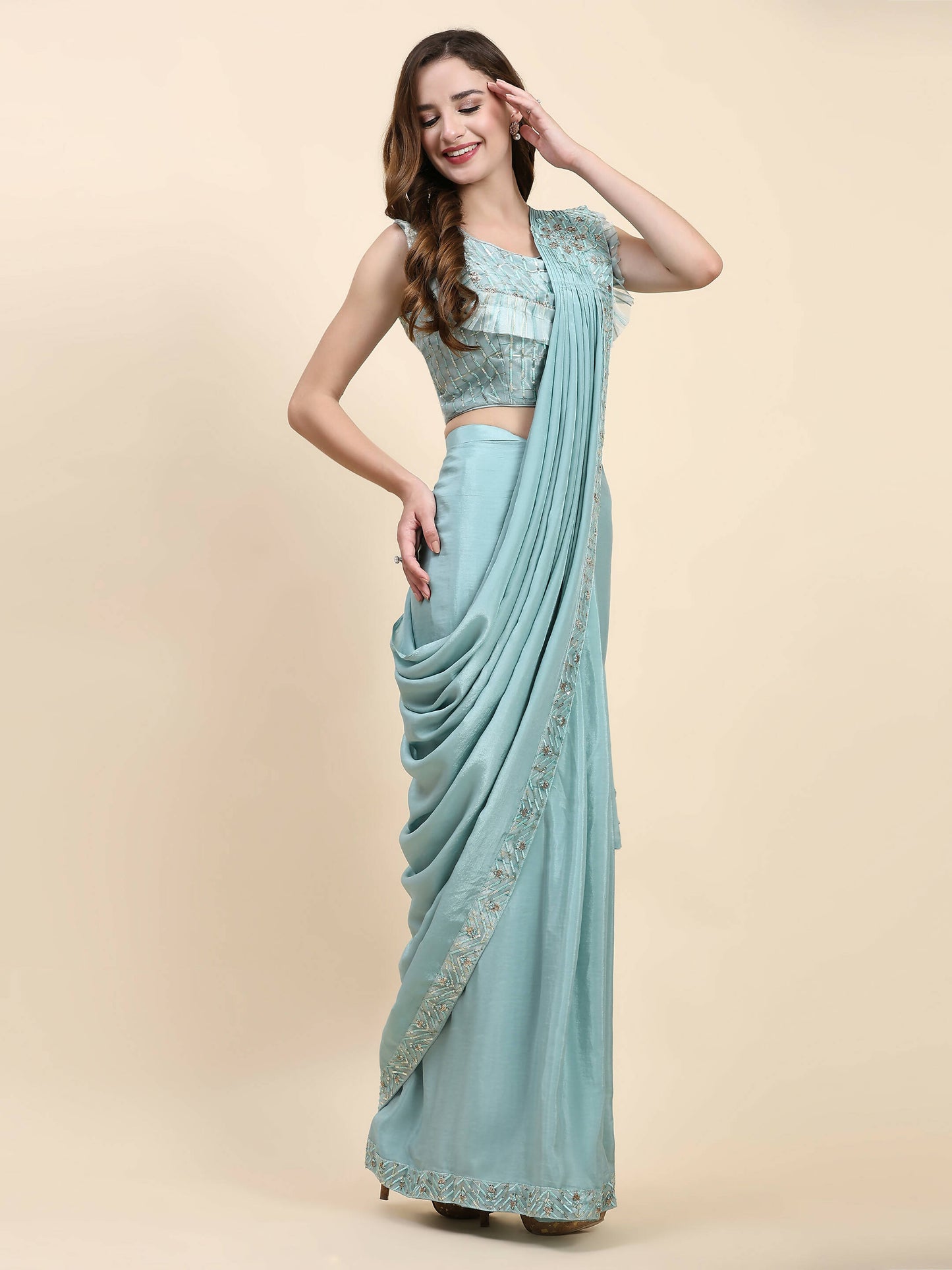 Sky Blue Silk Satin Solid Ready to wear Saree with stitched Blouse - Satiksha - Distacart