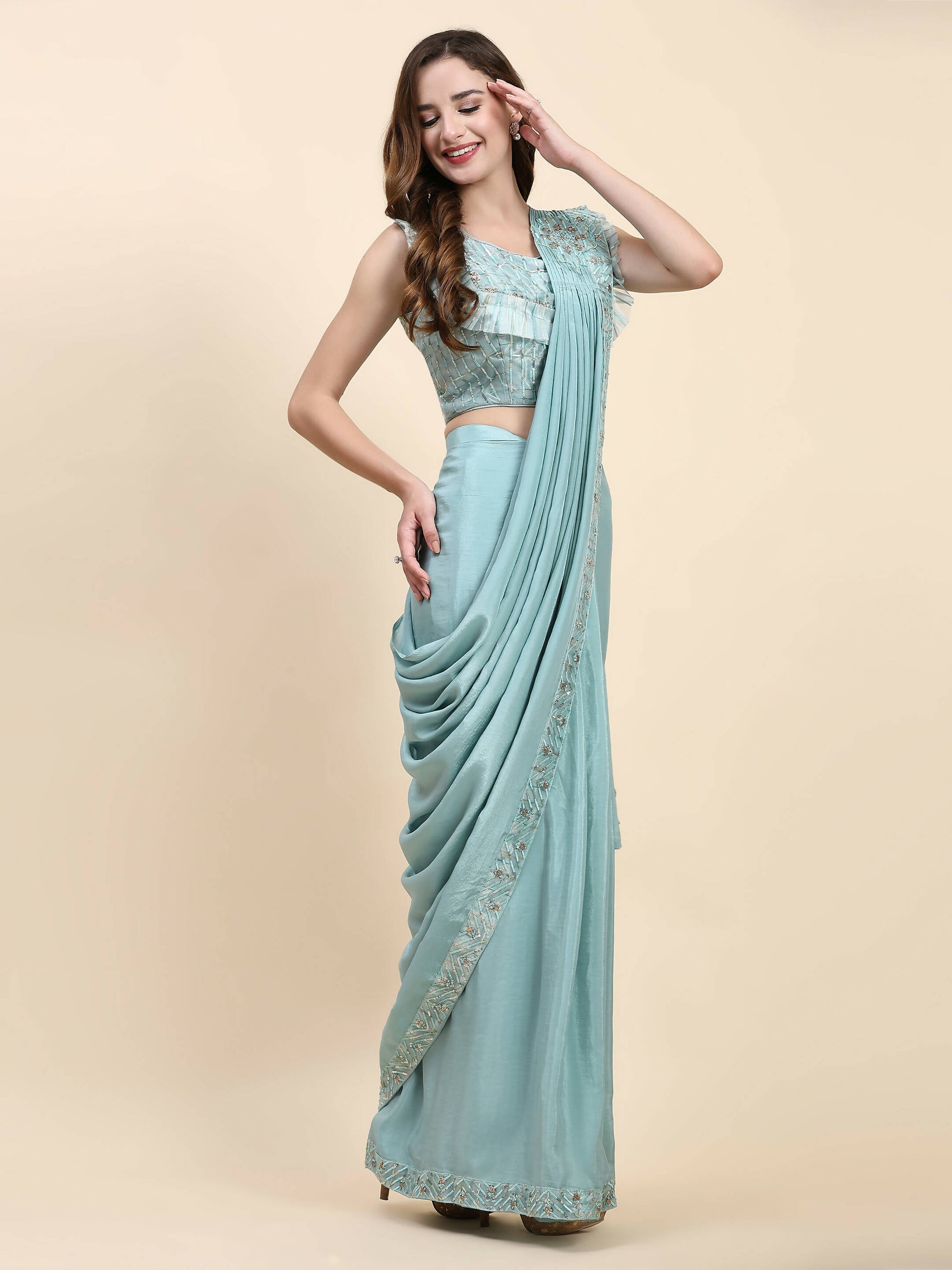 Sky Blue Silk Satin Solid Ready to wear Saree with stitched Blouse - Satiksha - Distacart
