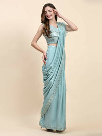 Thumbnail for Sky Blue Silk Satin Solid Ready to wear Saree with stitched Blouse - Satiksha - Distacart