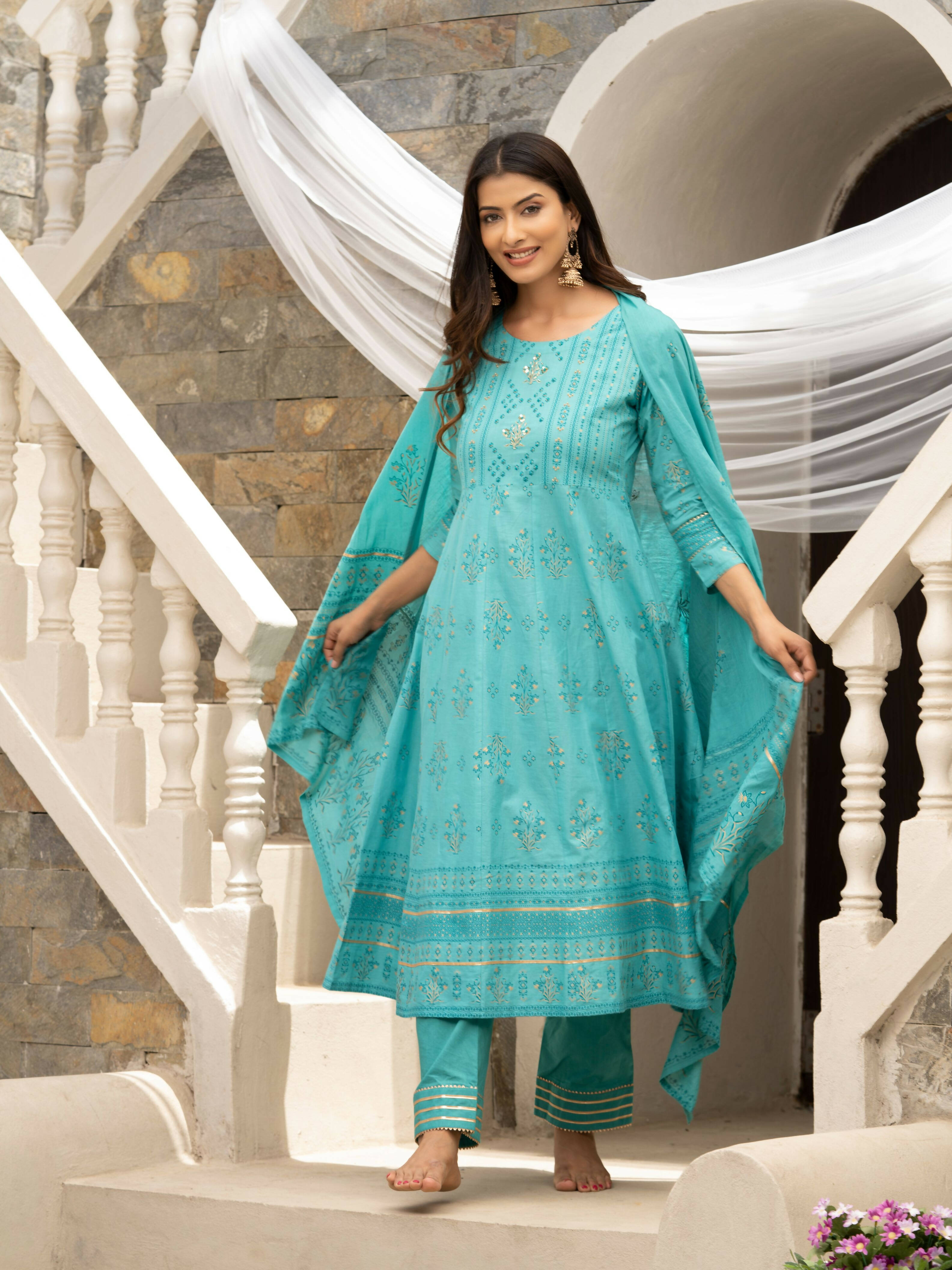 Sky Blue Cotton Cambric Printed with Sequins work Anarkali Kurta with Pant & Dupatta - Akashara - Distacart