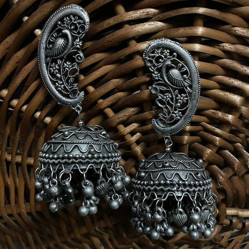 Peacock Shaped Tribal Design Oxidised Silver Plated Chandelier Jhumkas (VMC-PCK1) By House of Ree - Distacart