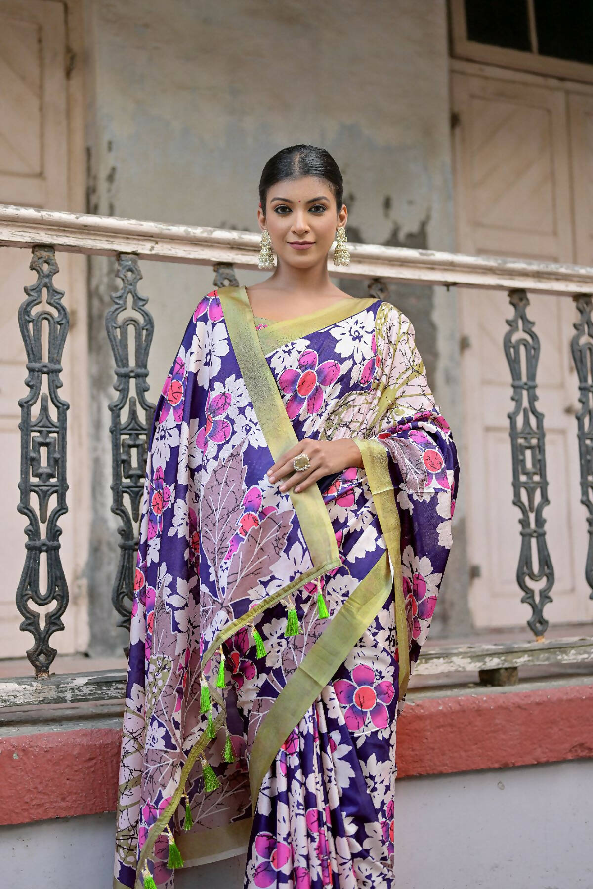 Vishnu Weaves Women's Navy-Blue Cotton Silk Printed Saree with Blouse - Distacart